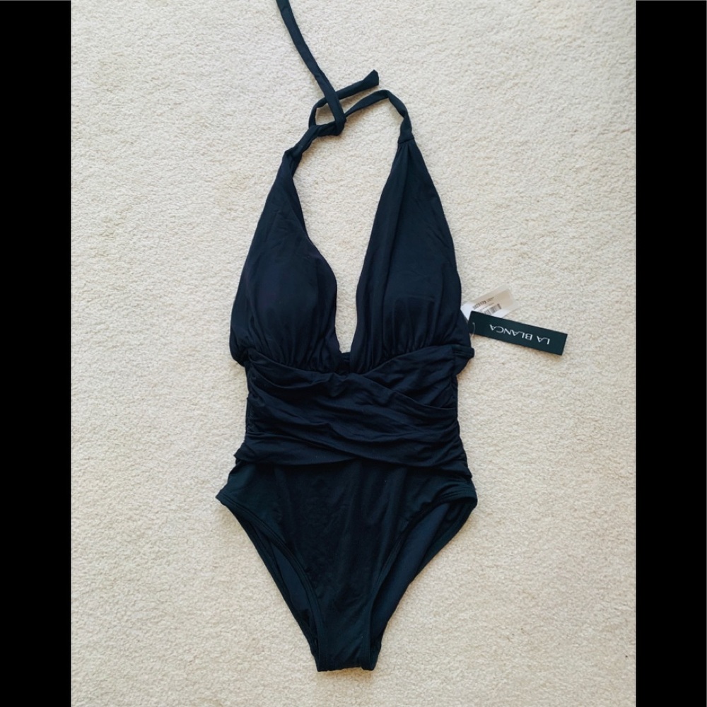 NWT la Blanca black wrap halter one piece swimsuit